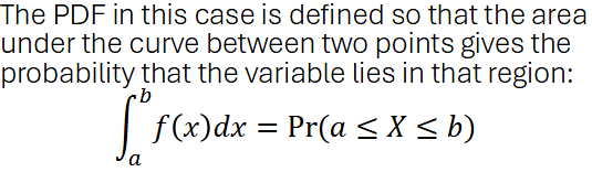 <p>With CT RV’s, we have infinitely many x-values that our variable can take on. SO the probability of taking on an exact value is 0. Hence, we look at the area between 2 points </p>