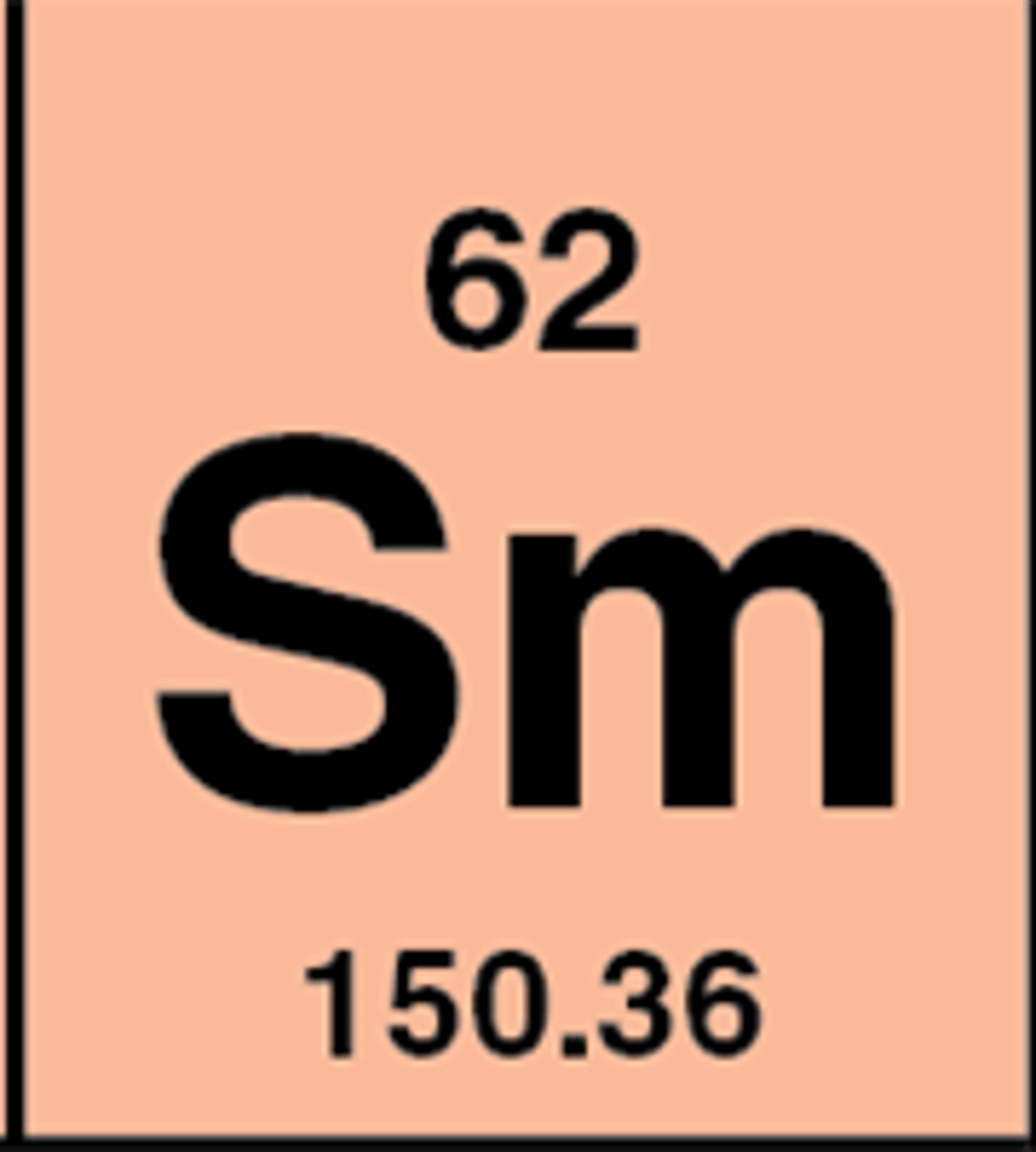 <p>Symbol: Sm<br>Atomic Mass: 150.4<br>Atomic Number: 62</p>