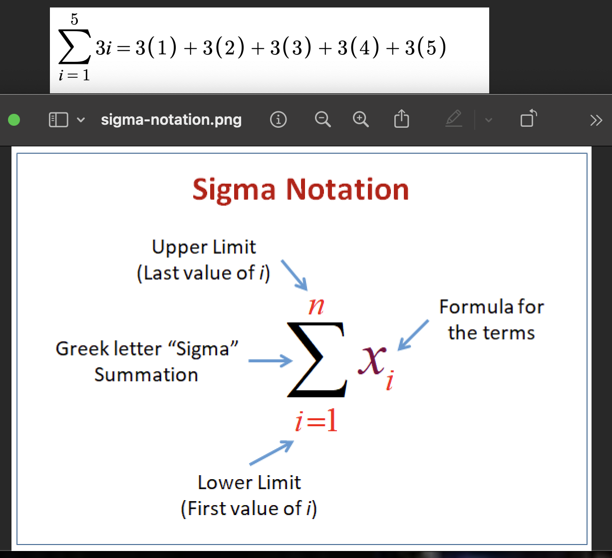 <p>I=index of summation (does not have to be i)</p><p>n=upper limit of summation</p><p>1= lower limit of summation(doesn’t have to be 1)</p>