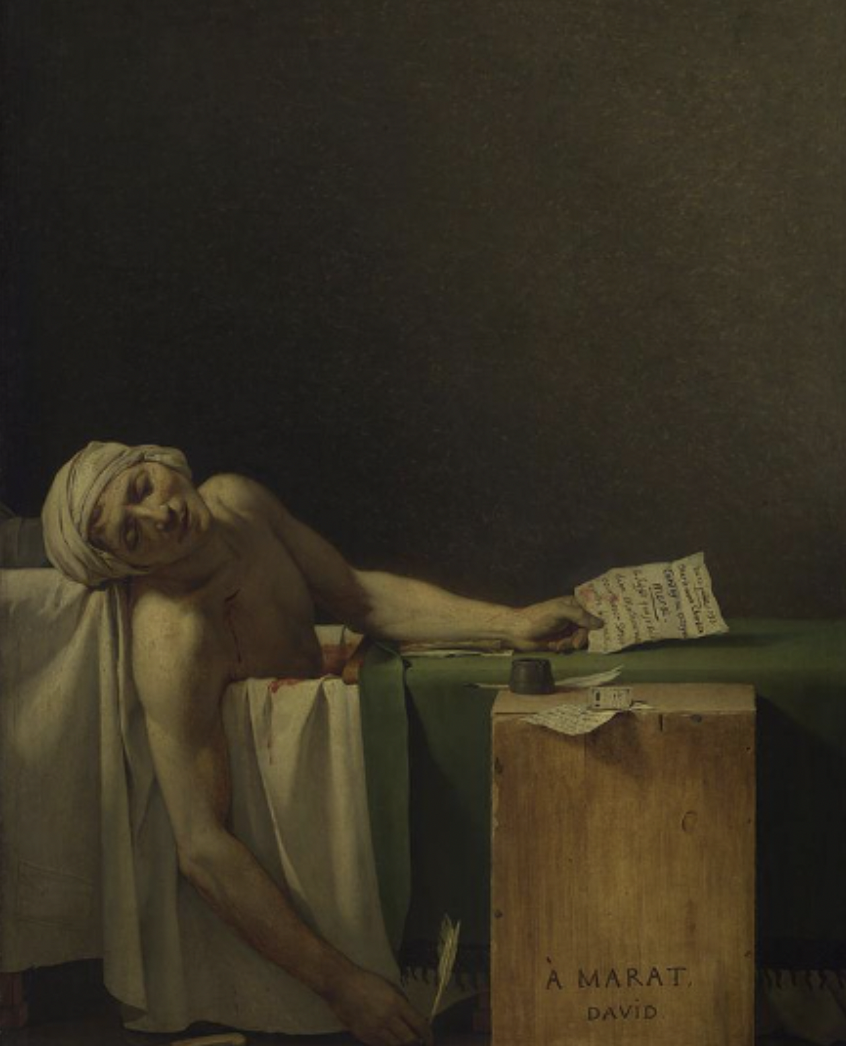 <ul><li><p>David 1793, neoclassicism</p></li><li><p>marat dead in bath</p></li><li><p>hero of FR</p></li><li><p>killed working in a bathtub</p></li><li><p>propaganda  - corday = bad, marat = good</p></li><li><p>marat - writing a letter</p></li><li><p>david saw marat before his death</p></li></ul>