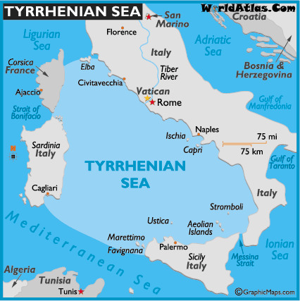 <ul><li><p>Aka TUSCAN SEA</p></li><li><p>Enclosed by the west coast of Italy and the islands of Corsica, Sardinia, and Sicily</p></li><li><p>Where Tiber River flows into</p></li></ul>