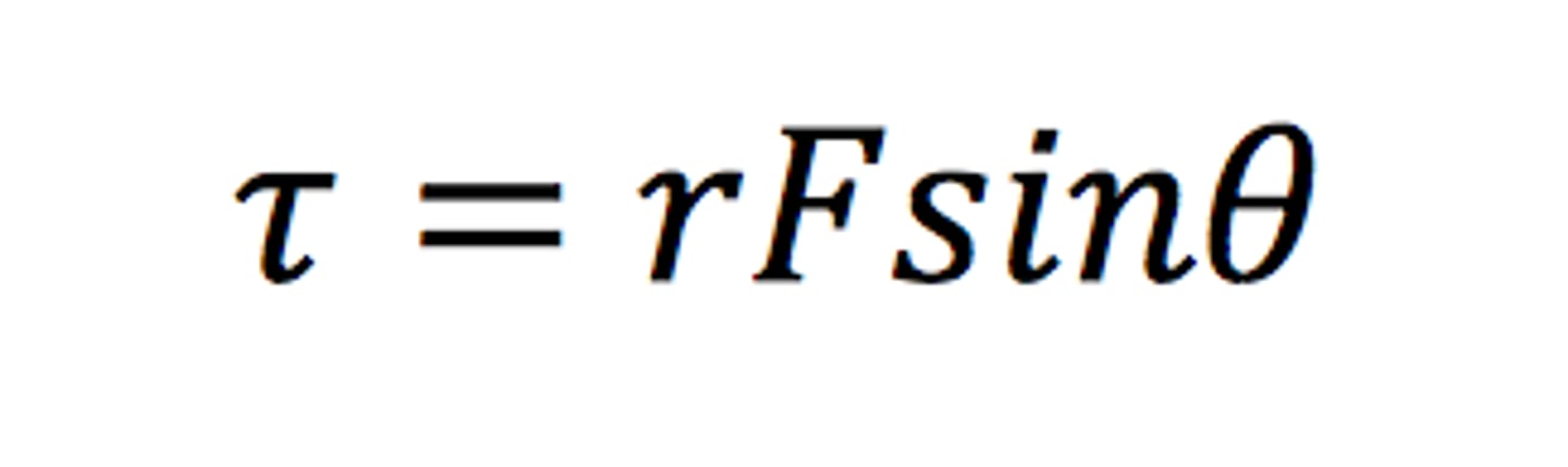<p>Torque is the cross product of force and moment arm (tau= r x F)</p><p>F is magnitude of fore, r is the length of the lever arm, theta is angle between the lever arm and the force vectors</p>