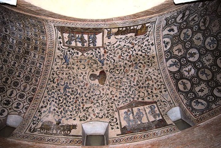 <p>-Ambulatory: place for walking, usually around an apse or altar</p><p>-Vault mosaic: the mosaic (vine pattern) that is above the ambulatory</p><p>-Late Antique and Early Christian Art (Architecture)</p>