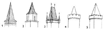 <p>1) jehlanec </p><p>2) čtyřboká převedená na osmibokou</p><p>3) strmá valbová střecha = “dlátko”</p><p>4) kuželová zděná helmice s cimbuřím </p><p>5) jehlancová</p>