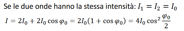 <p>Il <strong>coefficiente di trasmissione</strong> rappresenta la frazione dell'onda che viene trasmessa nel secondo mezzo. </p><ul><li><p><strong>Interferenza costruttiva</strong>: Si verifica quando le onde si sovrappongono in modo tale che i loro spostamenti (o ampiezze) si sommano <strong>positivamente</strong>, rinforzando l'onda risultante. Questo accade quando le onde sono in fase, ossia quando la differenza di fase tra di esse è un multiplo intero di 2π2\pi2π (ovvero, Δϕ=2kπ \Delta \phi = 2k\piΔϕ=2kπ, con kkk intero).</p></li><li><p><strong>Interferenza distruttiva</strong>: Si verifica quando le onde si sovrappongono in modo tale che i loro spostamenti si sommano <strong>negativamente</strong>, annullandosi parzialmente o totalmente. Questo accade quando le onde sono in opposizione di fase, cioè quando la differenza di fase tra di esse è un multiplo dispari di π\piπ (ovvero, Δϕ=(2k+1)π\Delta \phi = (2k+1)\piΔϕ=(2k+1)π).</p></li></ul><p></p><p></p>