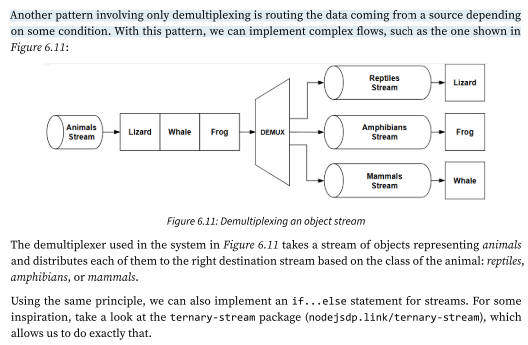 <p>The example that we have just shown demonstrates how to multiplex and demultiplex a binary/text stream, but it’s worth mentioning that the same rules apply to object streams. </p><p>The biggest difference is that when using objects, we already have a way to transmit the data using atomic messages (the objects), so multiplexing would be as easy as setting a channelID property in each object. Demultiplexing would simply involve reading the channelID property and routing each object toward the right destination stream.</p>