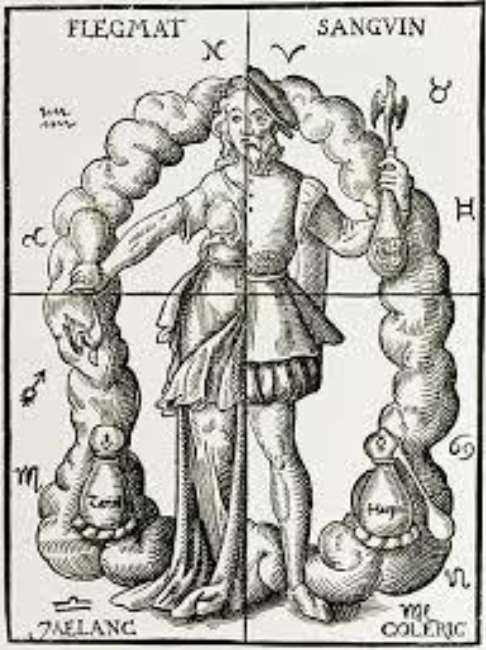 <ul><li><p>Quatre éléments…</p><ul><li><p>air</p></li><li><p>feu</p></li><li><p>terre</p></li><li><p>eau  </p></li></ul><p>…correspondant à quatre états </p><ul><li><p> chaud et humide</p></li><li><p>chaud et sec</p></li><li><p>froide et sèche </p></li><li><p>froide et humide </p></li></ul></li></ul><p></p>