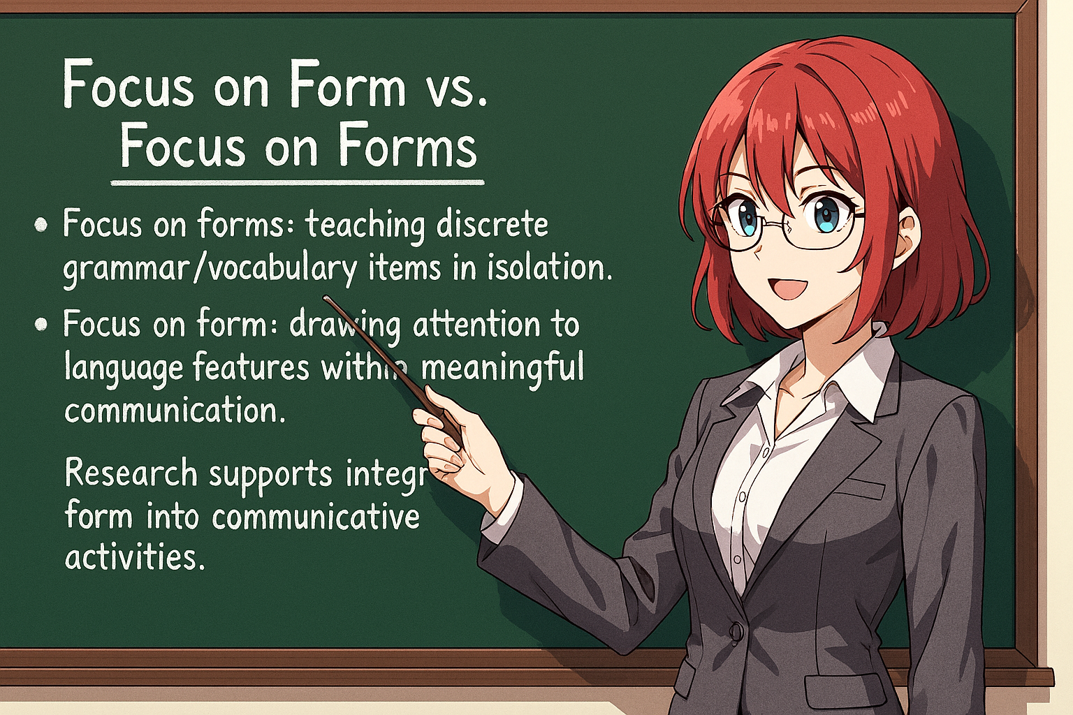 <ul><li><p><strong>Focus on forms</strong>: teaching discrete grammar/vocabulary items in isolation.</p></li><li><p><strong>Focus on form</strong>: drawing attention to language features within meaningful communication.</p></li><li><p>Research supports integrating form into communicative activities.</p></li></ul><p></p>