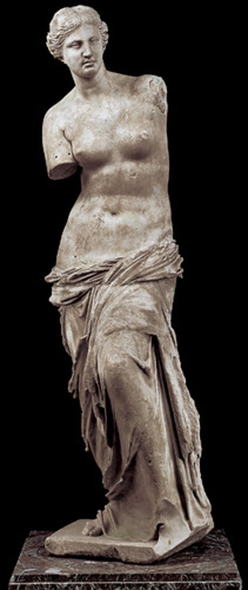 <p>- <span class="bgP">125-75 bce (late hellenistic pd)</span></p><p>- <span class="bgP">from Melos (cyclades)</span></p><p>- <span class="bgP">by Alexandros of Antioch</span></p><p>- depicts praxitelean S-curve; face and anatomy is late classical type</p><p>- "venus de milo"</p>