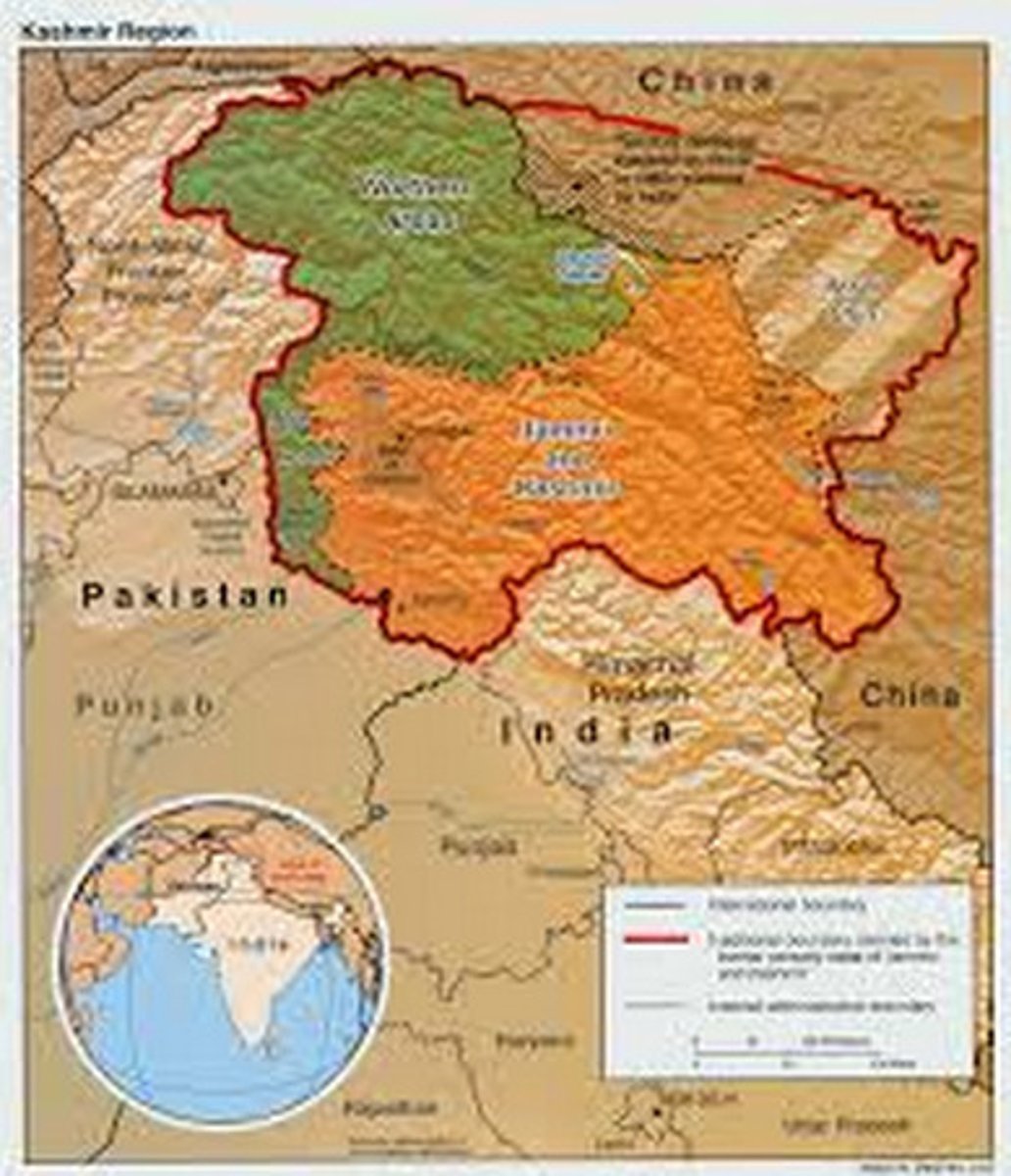 <p>a hotly disputed region between India and Pakistan; still a source of conflict between the two countries today</p>