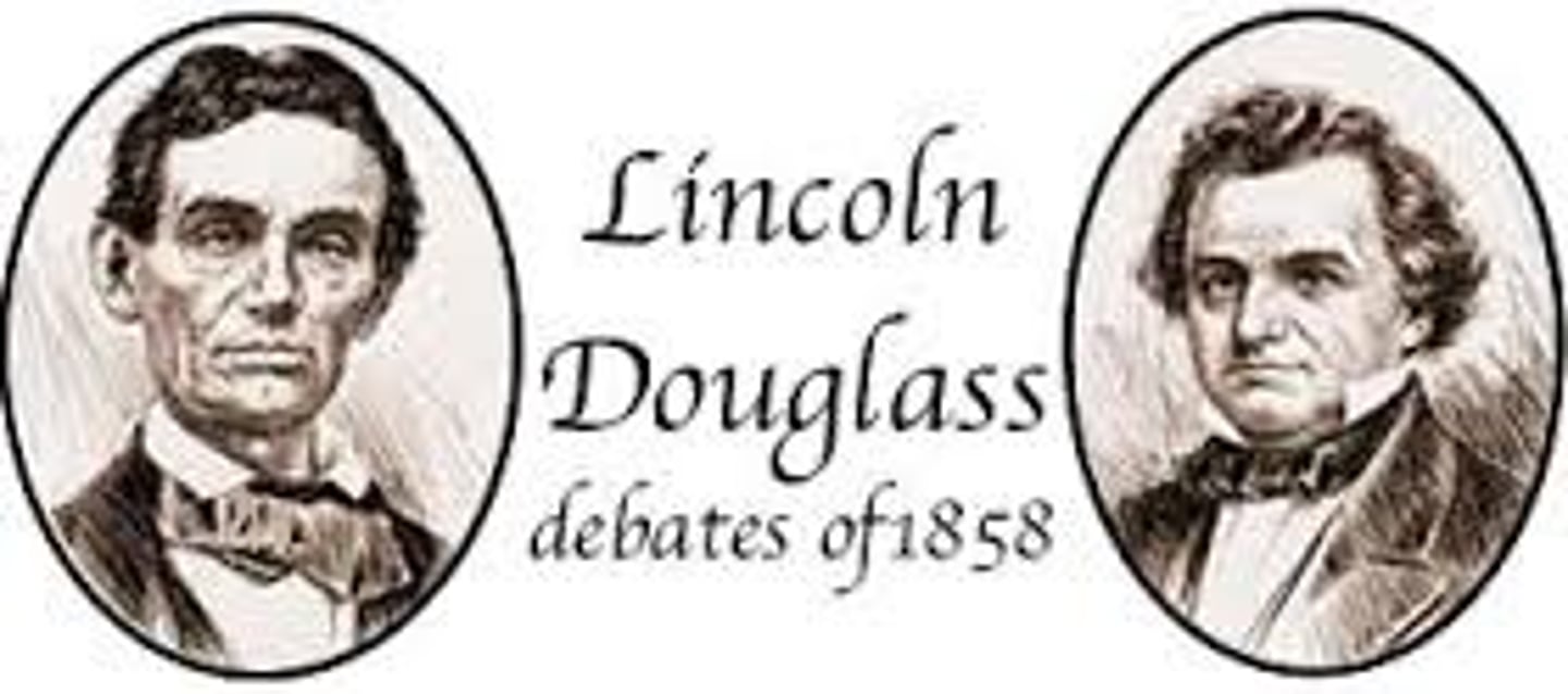<p>- run against each other for senate seat in illonis</p><p>- lincoln: danger of slave power, how SCOTUS could decide the states could not ban slavery like territories</p><p>- douglas: ur an abolitionist and want total equality (he never said this)</p><p>- lincoln: attacked Douglas' popular soverignty bc now unconstitutional</p><p>- linoln: what is your plan to stop slavery</p><p>- douglas: Freeport Doctrine - make taxes so high to stop</p><p>DOUGLAS WON (somehow???)</p>