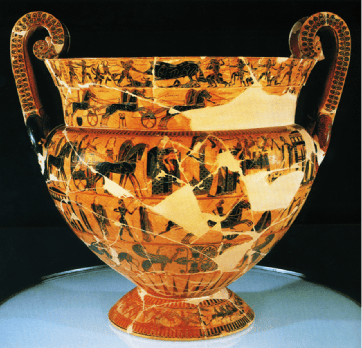 <p>Volute krater (ceramic) from the Late Geometric / Archaic period (ca. 570 BCE) featuring over 200 mythological figures, representing the pinnacle of Attic black-figure narrative art.</p>