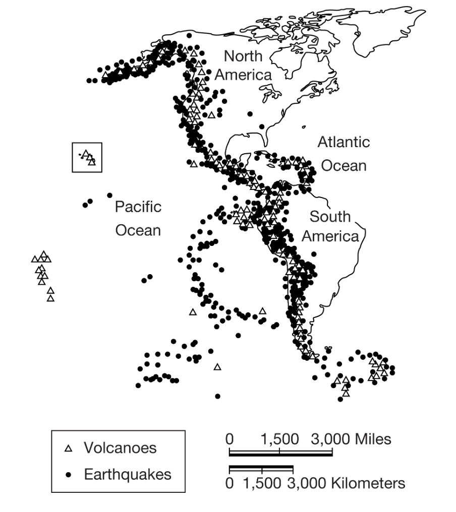 <p><span><span>The map above shows the locations of known volcanoes and earthquakes. Which of the following explains what is being illustrated in the enclosed area in the northwest portion of the map?</span></span></p>