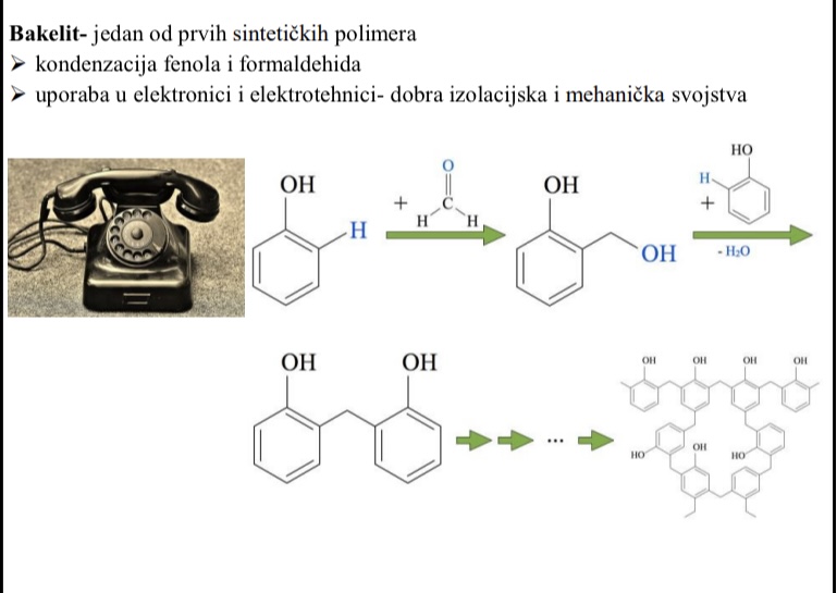 <p>Jedan od prvih sintetickih polimera</p><p>Nastaje kondenzacijom fenola i formaldehida</p><p>Upotrebljava se u elektronici i elektrotehnici - dobra izolacijska i mehanicka svojstva</p>