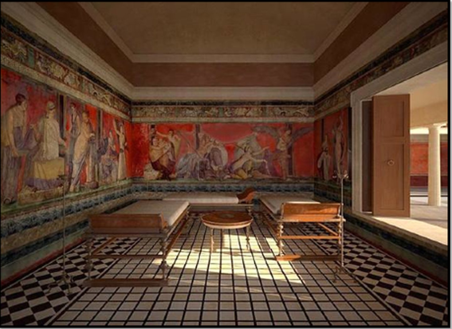 <p>a dining table in ancient Rome that has a couch on three sides for reclining at meals; or a room containing a triclinium</p>
