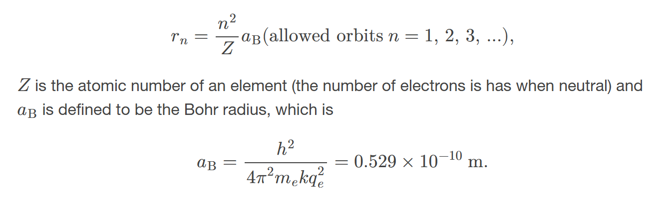 <p>is given by the formula r = n²a₀, where n is the principal quantum number and a₀ is the Bohr radius. </p>