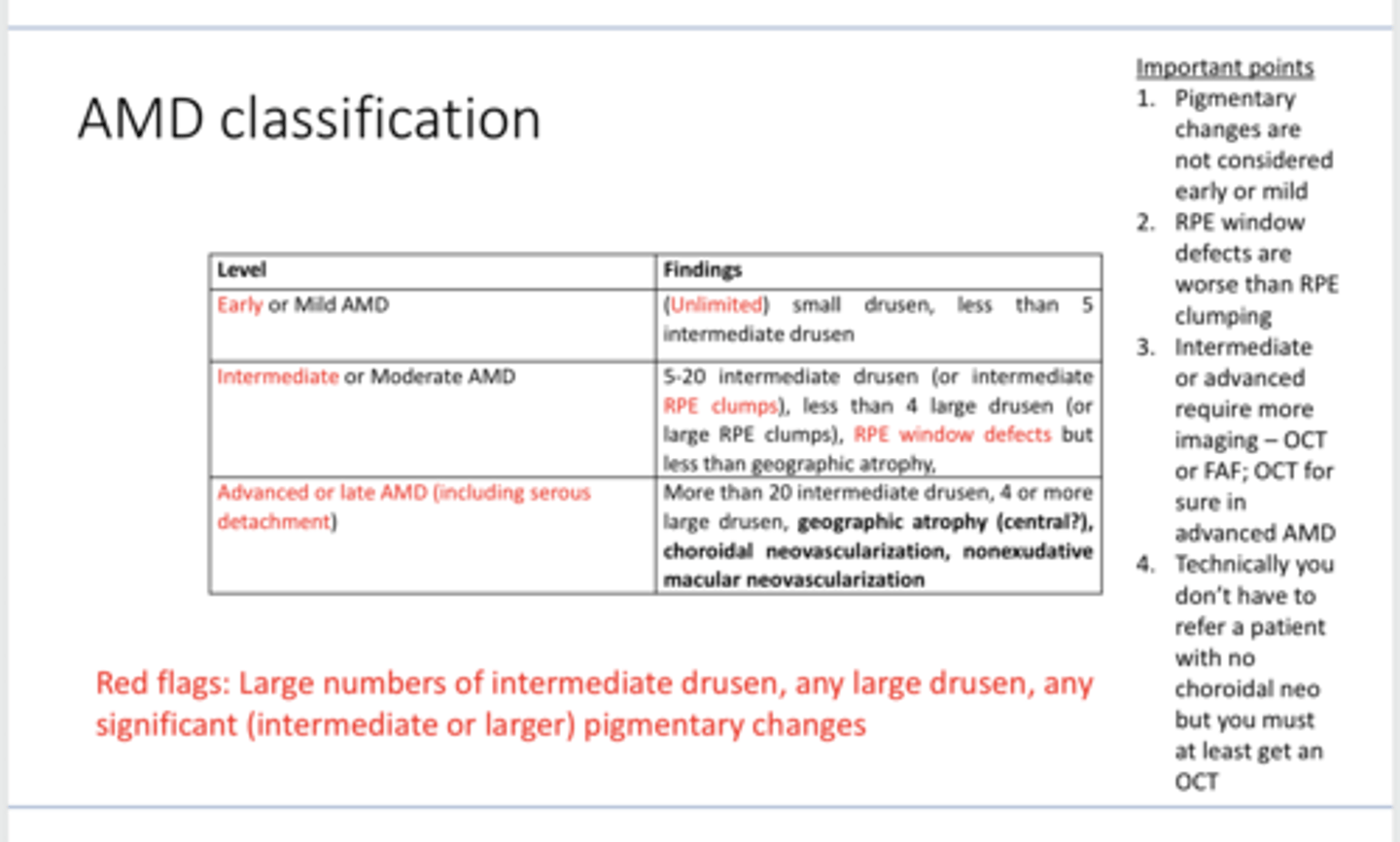 <p>EXAM QUESTION: Do you have to refer a patient with AMD if they DO NOT have choroidal neovascularization? What do you AT LEAST have to do for these patients?</p>