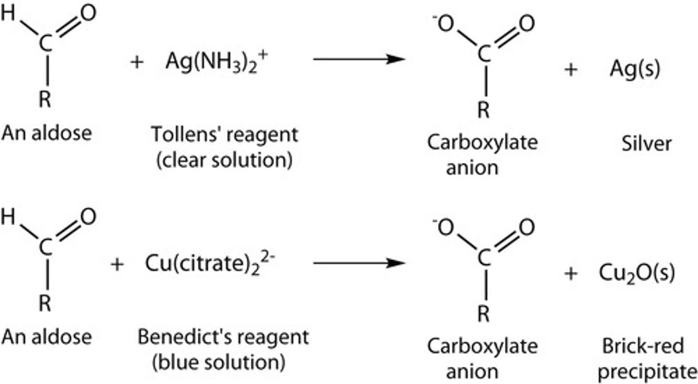 <p>Tollens reagent and aldehyde to a carboxylate</p>