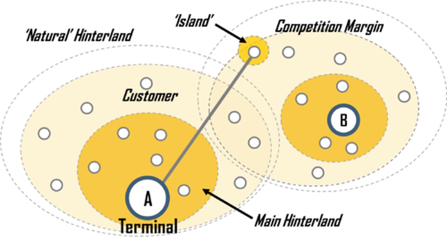 <p>The area surrounding a central place, from which people are attracted to use the place's goods and services. (Also known as a market area.)</p>
