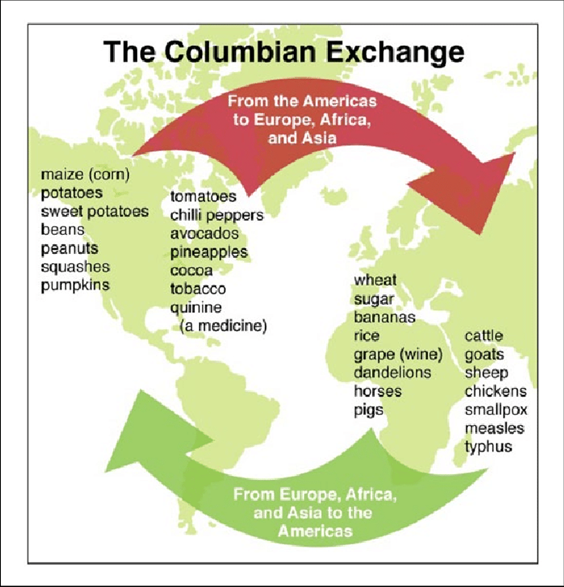 <p>the widespread transfer of plants, animals, precious metals, commodities, culture, human populations, technology, diseases, and ideas </p><p><strong><span>Lead to more and more European exploration&nbsp;</span></strong></p><p><strong><span>The Great Dying</span></strong></p><ul><li><p><span>60% loss of indigenous population.&nbsp;</span></p></li><li><p><span>Disease proceeded&nbsp;contact&nbsp;</span></p></li></ul>