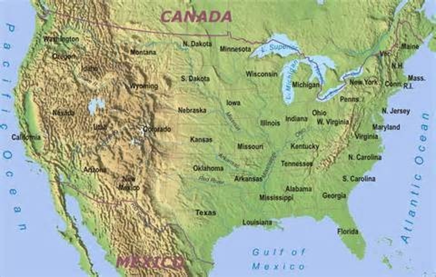 <p>shows the physical landscape features of a place. like mountains rivers and lakes</p>