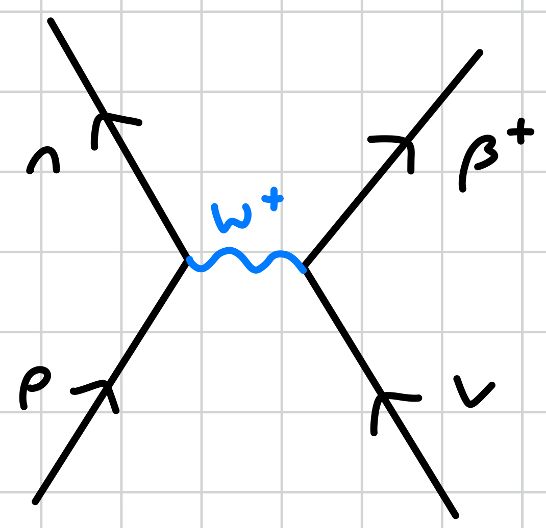 <ul><li><p>weak nuclear force</p></li><li><p>p → n</p></li><li><p>W<sup>+</sup> boson released to turn a proton to a neutron, and a neutrino to a β<sup>+</sup> particle</p></li></ul><p></p>