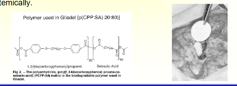 <p><span style="color: rgb(255, 255, 255);">• Among the most reactive and hydrolytically unstable polymers used as biomaterials</span><span style="color: rgb(255, 255, 255);"><br></span><span style="color: rgb(255, 255, 255);">• Fast degradation, excellent in vivo biocompatibility</span><span style="color: rgb(255, 255, 255);"><br></span><span style="color: rgb(255, 255, 255);">• React with drugs having free amino groups or other nucleophilic</span><span style="color: rgb(255, 255, 255);"><br></span><span style="color: rgb(255, 255, 255);">functionalities → limit the types of drugs that can be successfully</span><span style="color: rgb(255, 255, 255);"><br></span><span style="color: rgb(255, 255, 255);">incorporated.</span><span style="color: rgb(255, 255, 255);"><br></span><span style="color: rgb(255, 255, 255);">• Predominantly used in drug delivery prepared by compression molding or</span><span style="color: rgb(255, 255, 255);"><br></span><span style="color: rgb(255, 255, 255);">microencapsulation.</span><span style="color: rgb(255, 255, 255);"><br></span><span style="color: rgb(255, 255, 255);">• Gliadel Wafer: used for intracranial delivery of bis-chloroethylnitrosourea (BCNU) for brain cancer. The wafers are implanted directly into the brain to deliver BCNU that has deleterious side effects when administered</span><span style="color: rgb(255, 255, 255);"><br></span><span style="color: rgb(255, 255, 255);">systemically.</span></p>