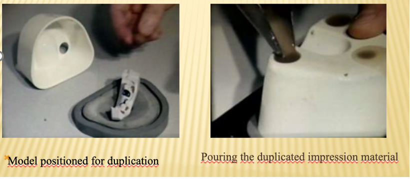 <ul><li><p>Reversible hydrocolloid (laboratory silicone) is used. Impression material turns from sol to gel which enables it to be poured into special flask</p></li><li><p>Investment material prepared and poured into impression. It is very fragile and brittle </p></li><li><p>Duplicate model is same but very precise</p></li><li><p>Model is hardened through dipping it in heated wax (colophony mixture)</p></li><li><p>Result is a protective layer of colophony mixture which gives the model a specific light brown colour </p></li></ul><p></p>