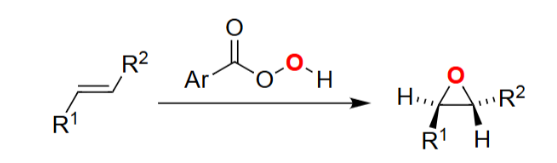 <ul><li><p>Converts alkenes → epoxides in one step.</p></li><li><p>Reaction is concerted, preserving stereochemistry.</p></li><li><p>Forms a three-membered cyclic ether.</p></li><li><p>Occurs via oxygen transfer from the peracid to the C=C bond.</p></li></ul><p></p>