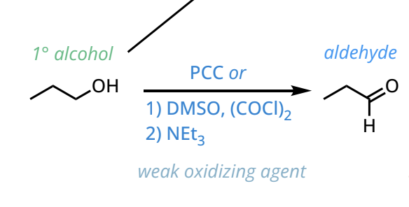 <ol><li><p>PCC, DMO, CH2Cl2</p></li><li><p>Swern Oxidation: 1. DMSO, (COCl) 2. Net3</p></li></ol><p></p>