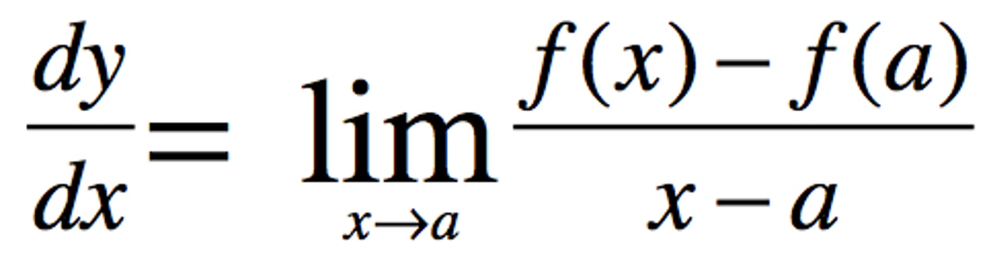<p>limit (as x approaches a number c)=</p><p>[f(x)-f(c)]/(x-c) x≠c</p>