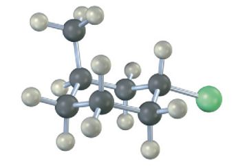 <p>Name the following compound, identify each substituent as axial or equatorial, and tell whether the conformation shown is the more stable or less stable chair form (green = Cl):</p>