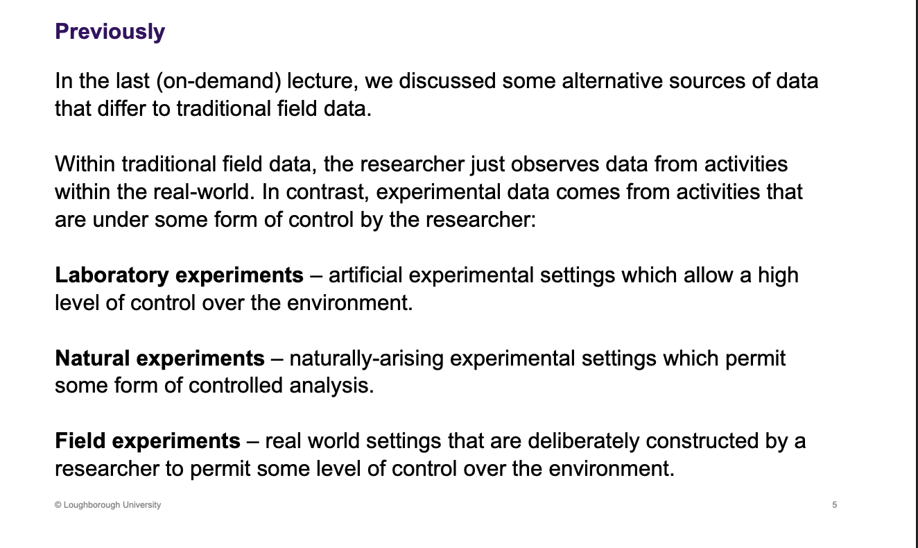 <p>Three different types of experiments. Natural - natural arising situations which carefully controls things, this isn't done on purpose</p>
