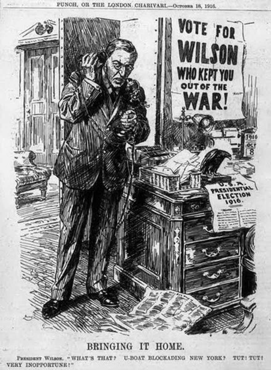 <p>In this election, main concern of voters was whether or not the United States would become involved in World War I. Supreme Court Justice Charles E. Hughes and President Woodrow Wilson ran against each other. Wilson won by an extremely shallow margin, running the campaign slogan "He Kept Us Out Of War"</p>