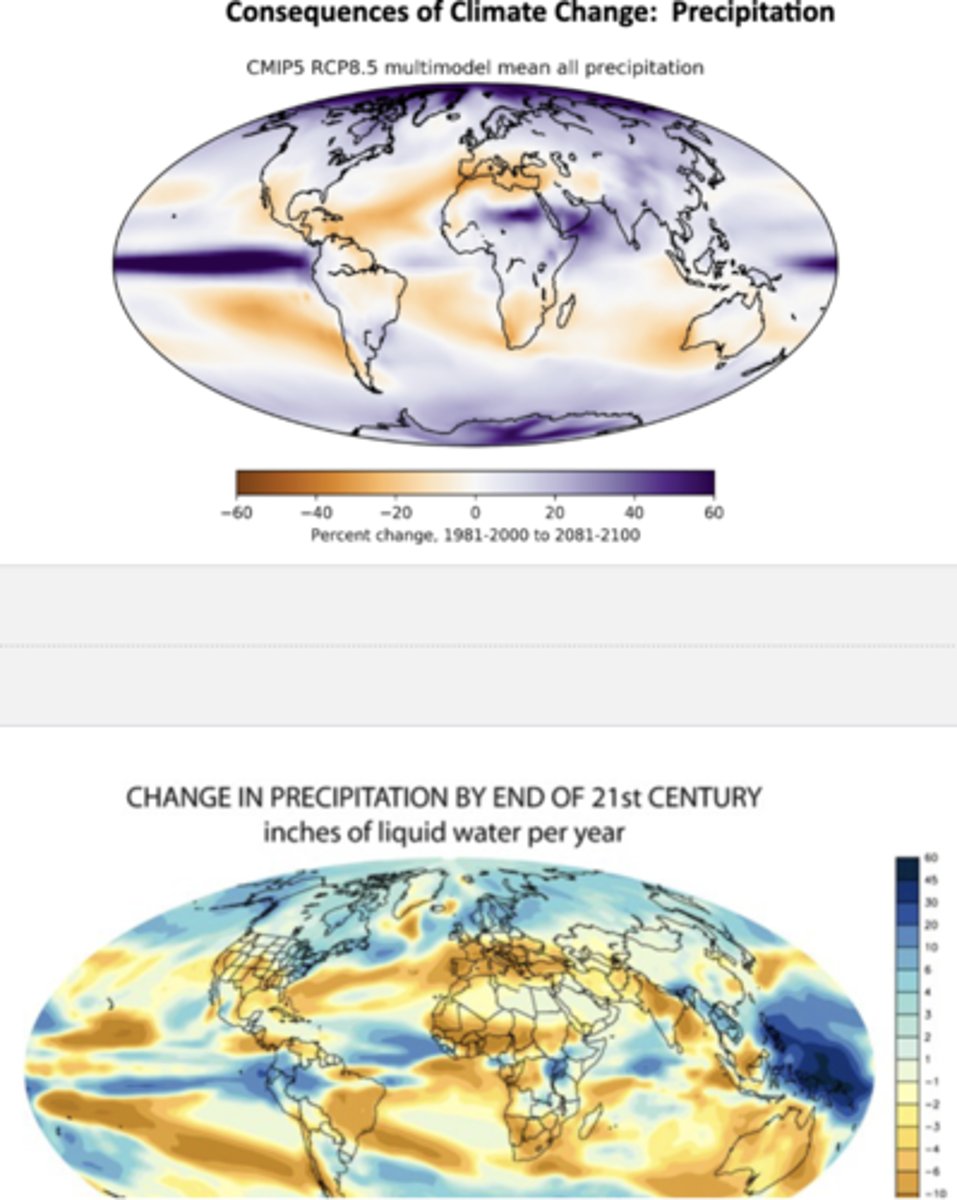 <p>Top map compares average average precipitation from 1981-2000 to projected patterns for 2081-2100; high latitudes (Canada, N Europe, Siberia, Antarctica) are wetter and tropics (equatorial Pacific, parts of E Africa, SE Asia) are wetter, while subtropics (Mediterranean, North Africa, Australia, SW US) are drier</p><p>-bottom map shows the absolute amount of change in inches of liquid water per year rather than a %: strong precipitation increases in the tropical Pacific Ocean, Indian Ocean, and high latitudes with significant drying in southern Europe, the Mediterranean, southern Africa, Australia, and parts of Central America</p>