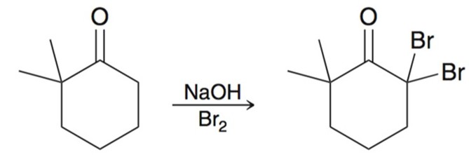<p>Under basic conditions a ketone/aldehyde will under go alpha-halogenation. This typically results in poly-halogenation and multiple of the same halogen will be added to the same carbon.</p>