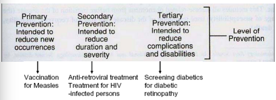 <p>primary prevention (activities that help prevent a health care problem)</p><p>secondary prevention (prevention of progression, e.g., from pre or subclinical to clinical)</p><p>tertiary (early treatment of disease and prevention of complications)</p>