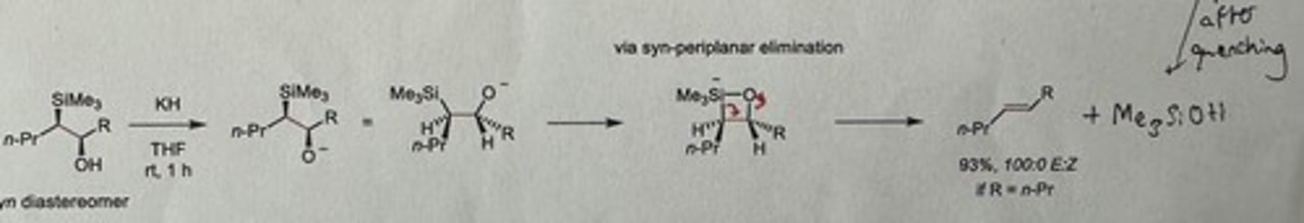 <p>KH (v. reactive base), THF, rt is 1h</p><p>Gives major E alkene if R = n-Pr</p>