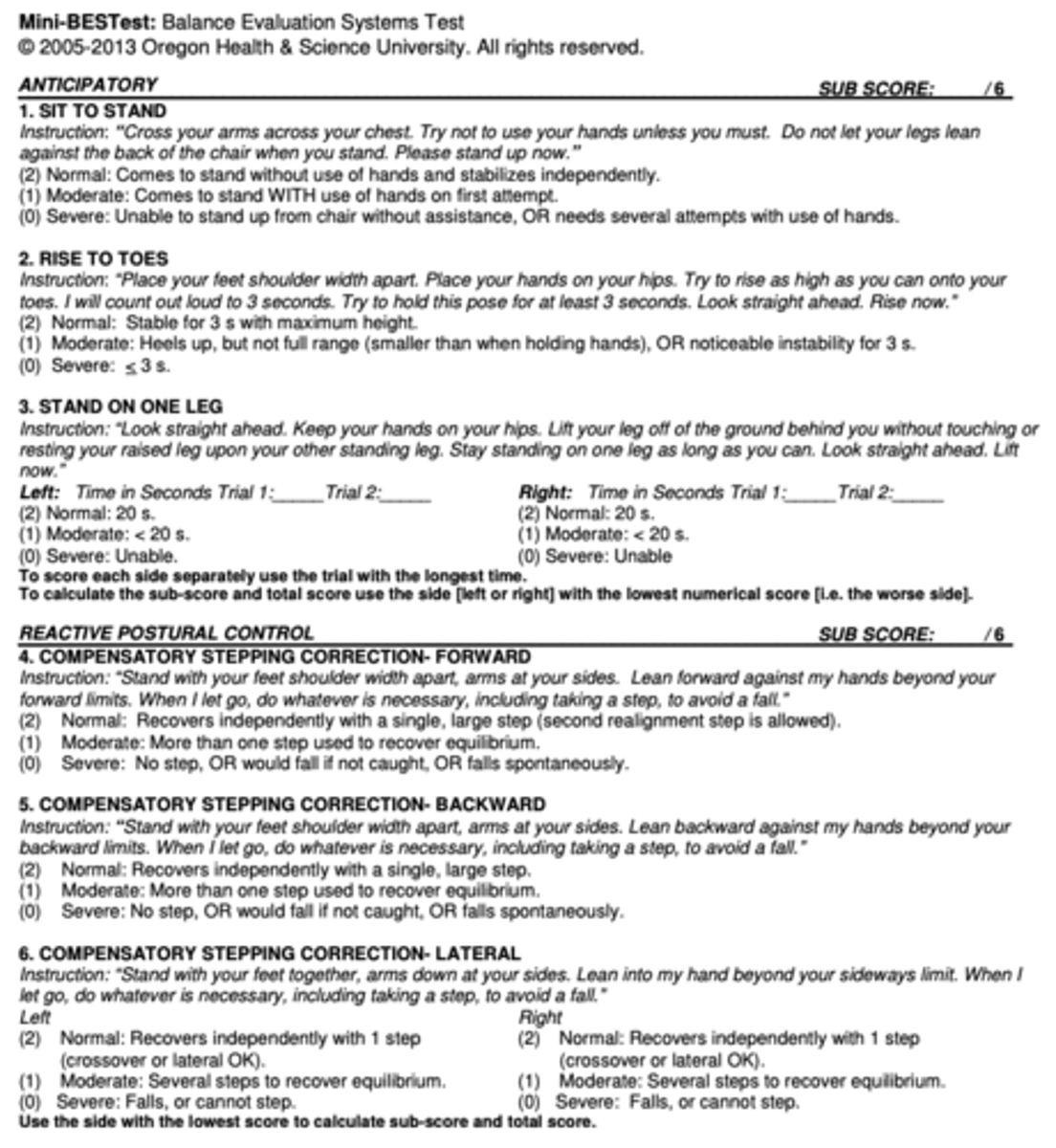 <p>About</p><p>-6 section</p><p>-assesses stability limits, transitions, reactions, sensory integration</p><p>-Assessment of posture, gait, transfers, and balance/falls</p><p>-Max= 28</p><p>Results/Cut off</p><p><16/28 = high fall risk</p>