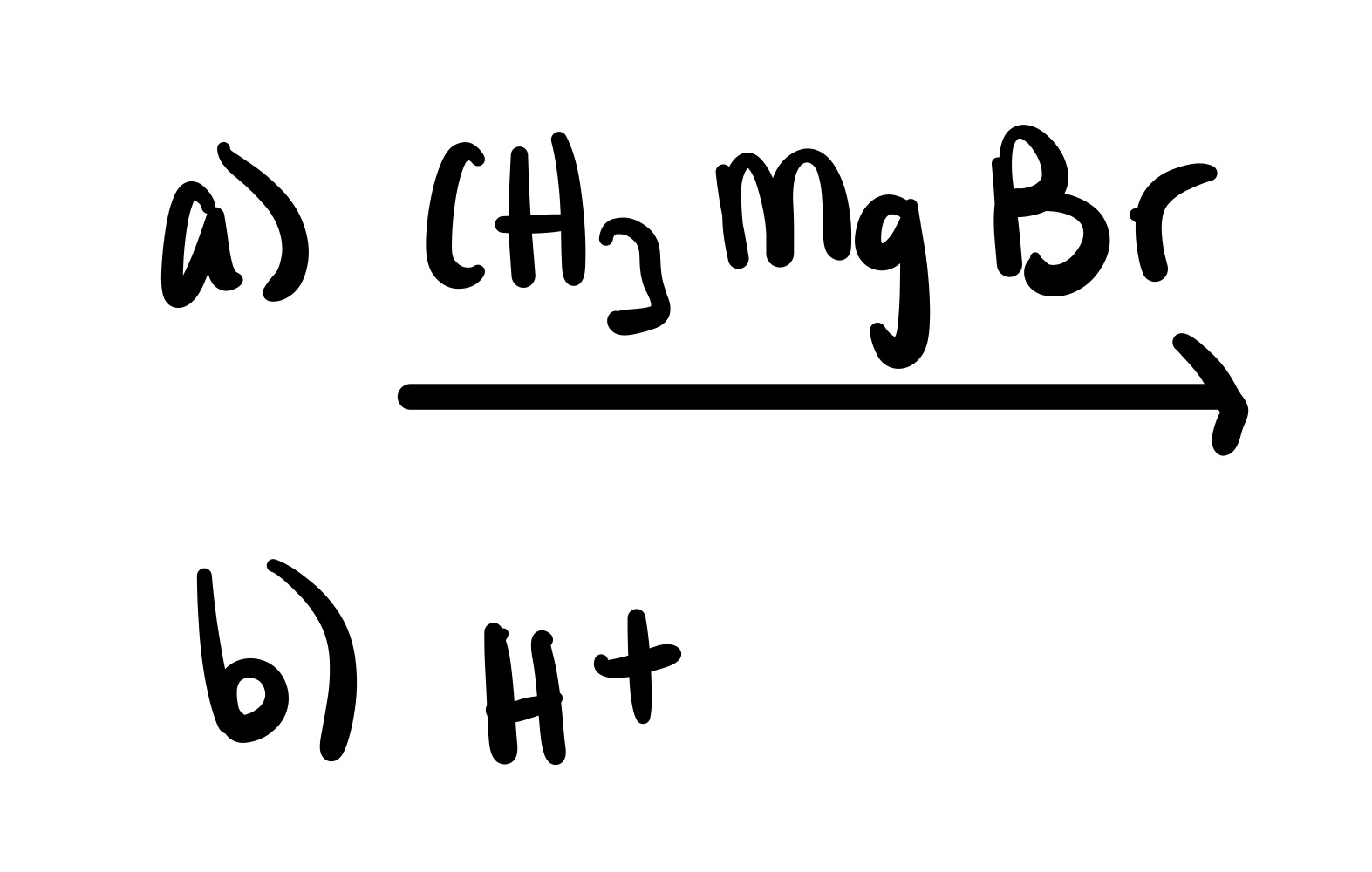 <p>a) ChMgBr3 b) H+</p>