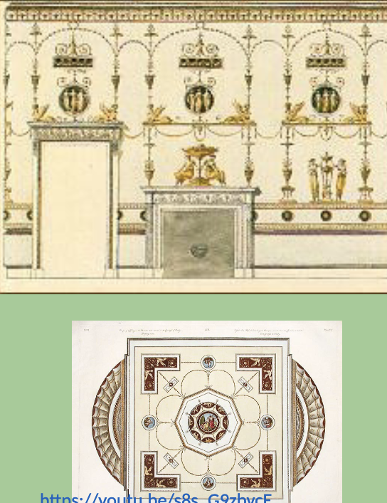 <p><span>18th C style of architectural and interior design</span><br><span>popularized by brothers Robert and James Adam.</span><br><span>Architecture and interiors were designed at the</span><br><span>same time to give a unified feel. Design books with</span><br><span>popular features were created and available for the</span><br><span>public.</span><br><span>Swags, decorative fireplaces and classical scenes,</span><br><span>much ornamentation. Curves and ovals.</span><br><span>Decorative ceilings with tromp l’oeil designs</span><br><span>were popular.</span><br><span>Influenced by archaeological discoveries</span><br><span>occurring at the time. Etruscan, Roman</span><br><span>themes.</span></p>