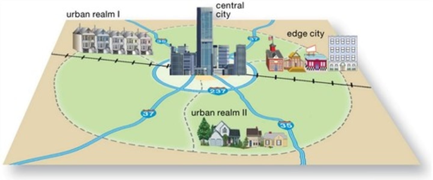 <p>Decentralized clusters of office employment and retailing near major transportation routes.</p>