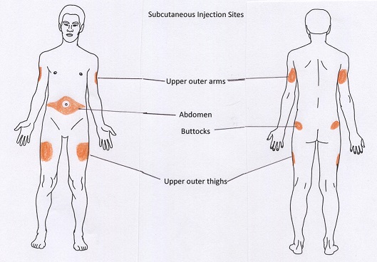 * Upper arms. At least 3 inches (7.5 centimeters) below your shoulder and 3 inches (7.5 centimeters) above your elbow, on the side or back.
* Outer side of upper thighs.
* Belly area. Below your ribs and above your hip bones, at least 2 inches (5 centimeters) away from your belly button.

\-use for insulin 
