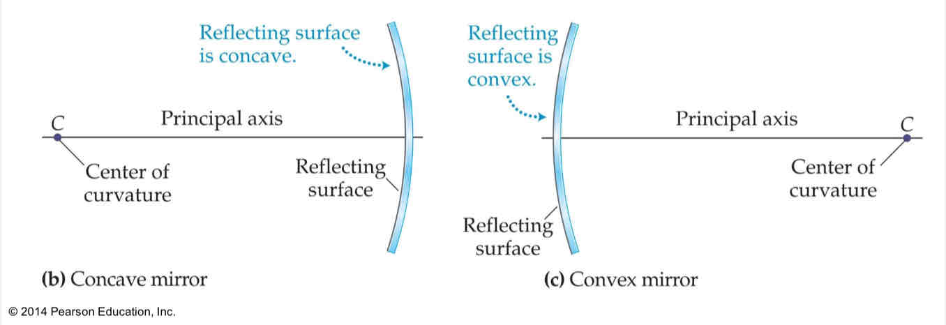 <p>a straight drawn line drawn through the center of curvature and the midpoint of the mirror, intersects the mirror at right angles</p>