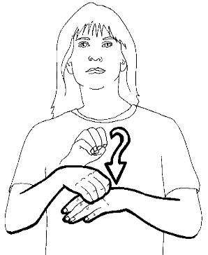 <p>Circle your fist (or &quot;E&quot; sign) over your other flattened hand, palm down, and drop it down to touch your ring finger</p>