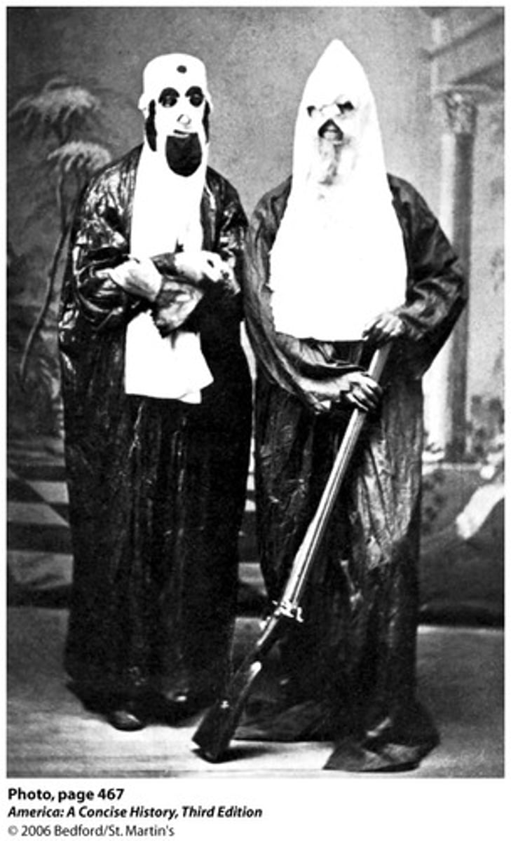 <p>A secret organization founded by Confederate general Nathan Bedford Forest that used terrorist tactics in an attempt to restore white supremacy in Southern states after the Civil War. It was the largest of many such groups.</p>