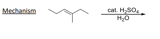 <ul><li><p>OH group added to MORE substituted carbon in alkene</p></li><li><p>When the carbon is MORE substituted, reaction rate INCREASES</p></li><li><p>Catalysts </p></li></ul><p>1) cat. H<sub>2</sub>SO<sub>4</sub></p><p>2) H2O</p><p>The addition and elimination of water are in equilibrium</p><ul><li><p>Carbocation forms in reaction mechanism, so rearrangement is possible!!!!!</p></li></ul><p></p>