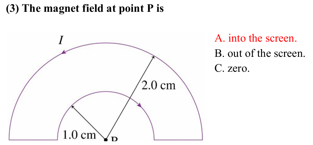 <p></p><p>A. Into the screen</p><p>The portion of the loop that is closest to P has a stronger magnetic field. Its current flows in the clockwise direction. Using rhr, the magnetic field at points into the page. </p>