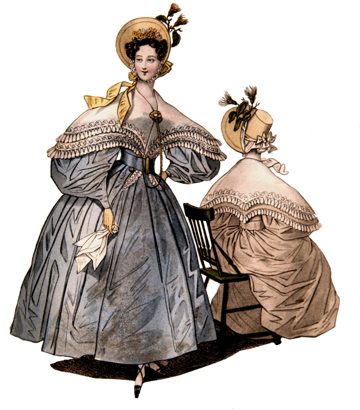 <ul><li><p><span style="background-color: transparent;"><span>By the late 1820’s, the new line was established not high-waisted like the empire period but accentuating the natural waistline</span></span></p></li><li><p><span style="background-color: transparent;"><span>In America and abroad, women of all social classes tried to follow fashion. The first American fashion Magazines were published in the 1830s, giving women the latest styles from the center of fashion, Paris</span></span></p></li><li><p><span style="background-color: transparent;"><span>It’s underpinnings remained much the same:&nbsp;</span></span></p><ul><li><p><span style="background-color: transparent;"><span>Underdrawers were now more common</span></span></p></li><li><p><span style="background-color: transparent;"><span>A chemise as the next layer</span></span></p></li><li><p><span style="background-color: transparent;"><span>A corset that pulled in the waistline</span></span></p></li><li><p><span style="background-color: transparent;"><span>Over the corset, a corset cover or camisole.</span></span></p></li><li><p><span style="background-color: transparent;"><span>A number of full, starched petticoats</span></span></p></li><li><p><span style="background-color: transparent;"><span>sleeve and bustle pads may be added to hold out the skirts and the large sleeves</span></span></p></li></ul></li><li><p><span style="background-color: transparent;"><span>Skirts lifted from the ground, showing the feet and ankles</span></span></p></li></ul><ul><li><p><span style="background-color: transparent;"><span>One of the preferred garments for outdoors was a pelisse</span></span></p></li></ul><p></p>