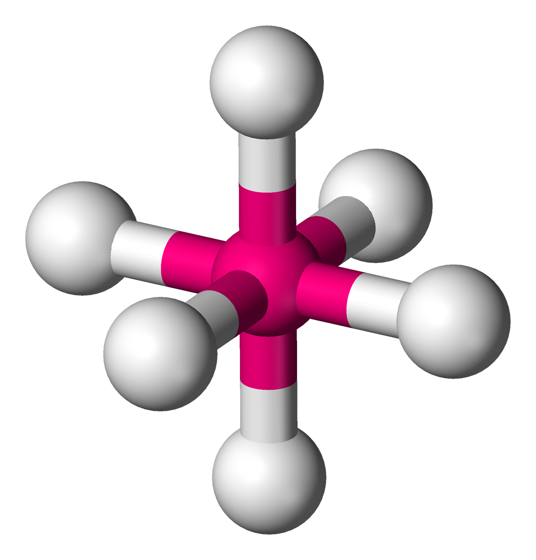 <p>Six electron domains, angles of 90 degrees. </p>